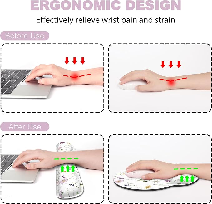 Ergonomic Mouse Pad with Wrist Rest and Keyboard Wrist Rest, Mousepad and Wrist Rest for Computer Keyboard, Pain Relief, Non-Slip Rubber Base, Mouse Pad Wrist Support for Gaming, Flowers and Plants
