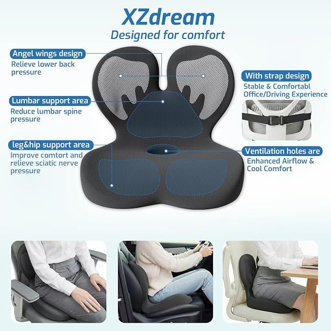 Seat Cushion, Office Chair Cushion with Lumbar Support Pillow, Memory Foam Car Cushions, for Long Sitting, Tailbone & Back Pressure Relief,Sciatica Pad for Office, Car, Home Chairs