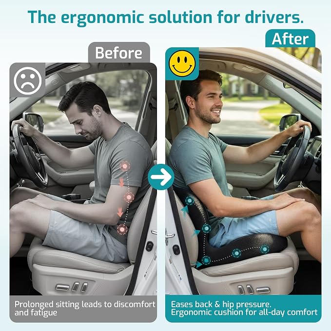 Trucker Seat Cushion, Thick Car Seat Cushions with Lumbar Support Pillow, Ergonomic L-Shaped Orthopedic Memory Foam for Long Driving Lower Back Pain Sciatica Relief, Gift for Drivers (Black+LGrey)