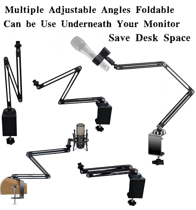 Low Profile Mic Boom Arm, 360° Rotatable 3-Section Foldable Desk Microphone Stand, 2.5kg Heavy Duty C Clamp Mic Mount with 1/4 3/8 5/8 Screw Adapter for Streaming Podcast(C Clamp Mount)