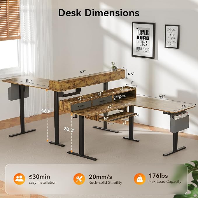 WALKINGDESK 63 Inches L Shaped Standing Desk with Keyboard Tray and 2 Drawers, L Shaped Electric Standing Desk, Adjustable L Shaped Office Desk,Corner Standing Desk for Home Office, Rustic Brown