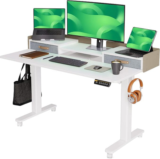 Claiks Standing Desk with Drawers & Wheels, 2 Height Shelf 55inch White | 2 height adjust shelf, tabletop drawers, felt fence design, sturdy supports 176 lbs, 4 wheels, 2 tire monitor stand