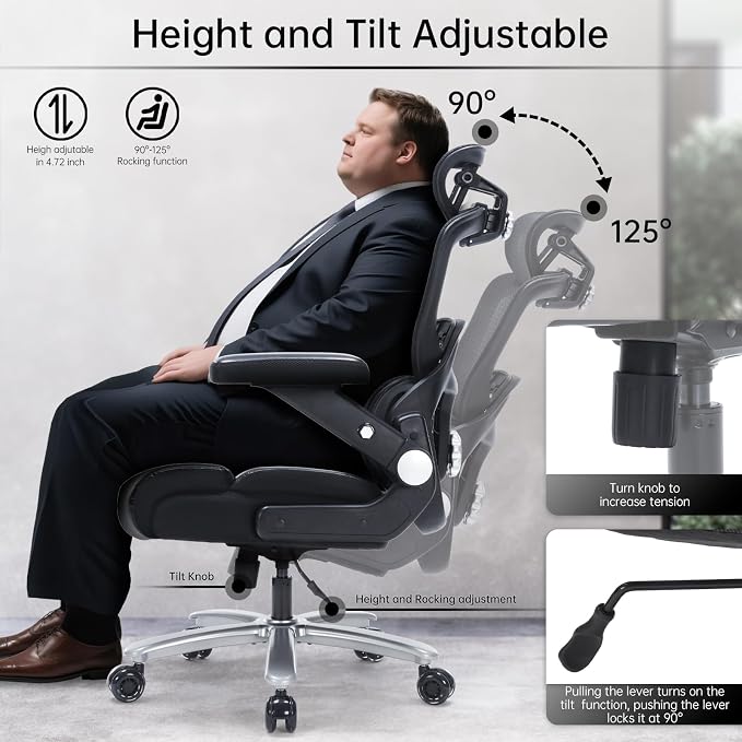 Big and Tall Office Chair 500lbs Heavy Duty Computer Desk Chair with Lumbar Support, Ergonomic Executive Office Chair with 3D Armrest and Wide Comfy Seat, Wheels for Adult