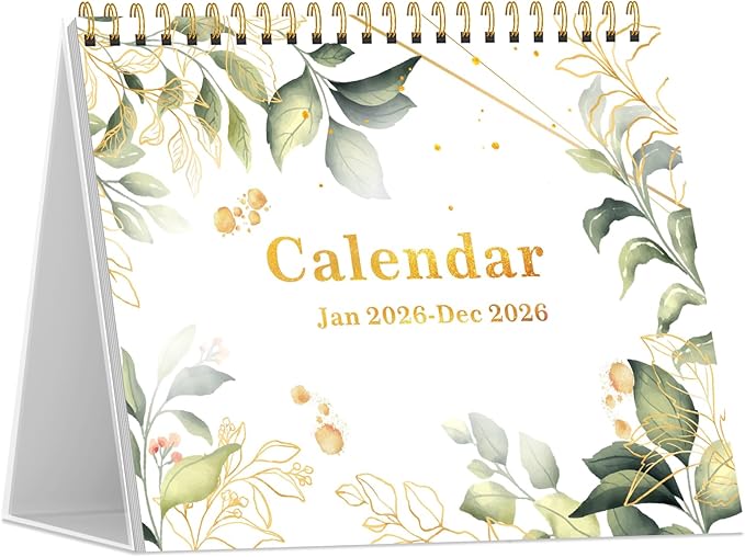 Desk Calendar 2026, Desktop Calendar 2026 Standing Flip Cover 12 Month(January - December), Small Desk Planner with Stickers & Notes for Office Accessories and Home School Supplies, Leaf