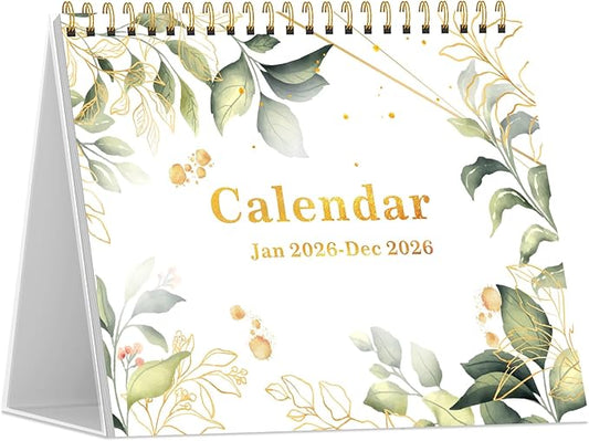 Desk Calendar 2026, Desktop Calendar 2026 Standing Flip Cover 12 Month(January - December), Small Desk Planner with Stickers & Notes for Office Accessories and Home School Supplies, Leaf