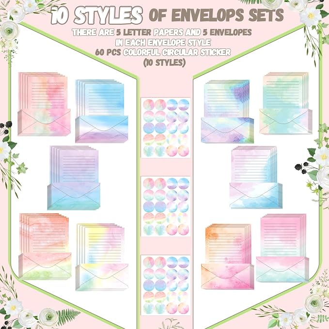 TaoBary 160 Pcs Stationery Paper Set 50 Double Sided Stationery Papers with 50 Matching Envelopes and 60 Round Dot Sticker, 10 Design(Watercolor,8.5 x 11 Inch)