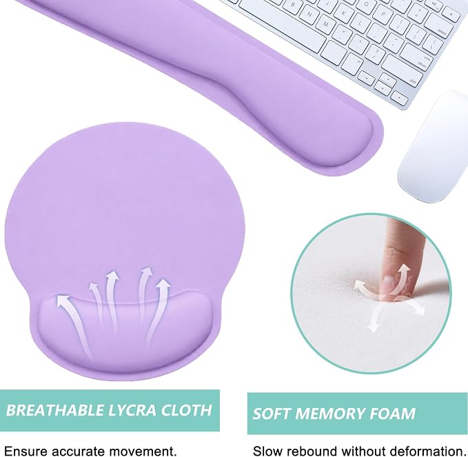 Keyboard Wrist Rest Pad Mouse Pad with Wrist Support Set of 3, Mousepad with Non-Slip Rubber Base, Ergonomic Memory Foam Mouse Wrist Cushion Support for Home Office Laptop Computer Gaming, Purple