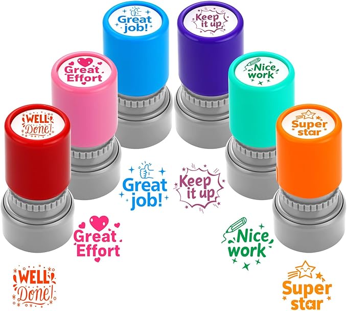 Teacher Stamps for Classroom Self Inking Rubber Great Job Stamp for Grading Homework Test Motivation Students Behavior School Homeschool Reward Supplies, Kindergarten Teacher Must Haves (6Pcs)