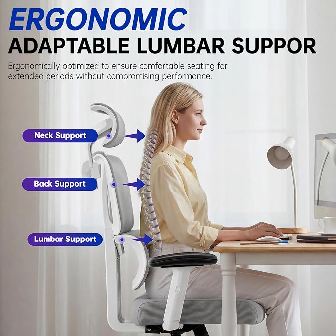 Ergonomic Office Chair, High Back Mesh Computer Chair with Comfortable Adaptive Lumbar Support, Built-in Coat Hanger, SGS Class 4 Gas Lift, Heavy Duty 300lbs for Long Hours Home Office