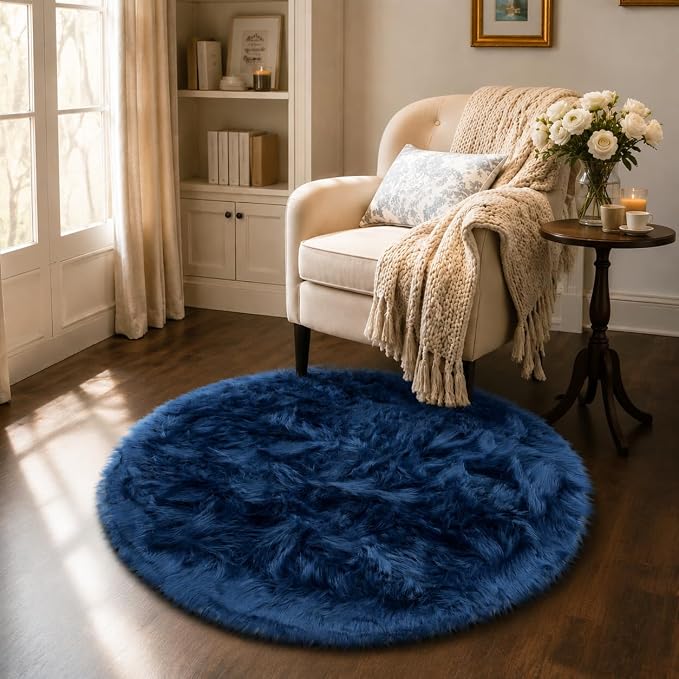 EasyJoy Faux Sheepskin Rug, Fluffy Faux Fur Rug, Ultra Soft Shag Area Rug with Non-Slip Backing for Bedroom, Living Room, Nursery, Kids Room(4 x 4 ft Round, Dark Blue)