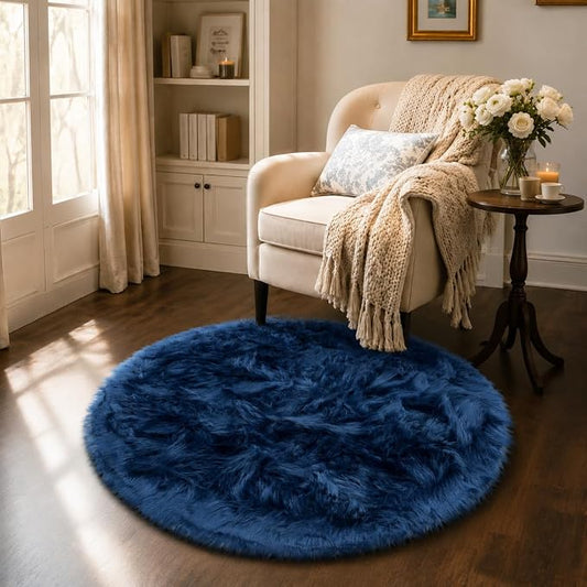 EasyJoy Faux Sheepskin Rug, Fluffy Faux Fur Rug, Ultra Soft Shag Area Rug with Non-Slip Backing for Bedroom, Living Room, Nursery, Kids Room(4 x 4 ft Round, Dark Blue)