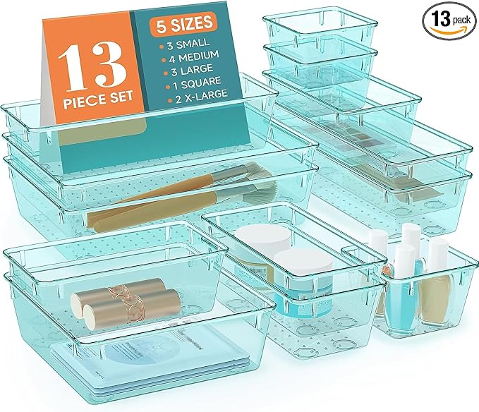 StorMiracle 13 PCS Clear Plastic Drawer Organizers Set, 4 Size Desk Drawer Organizer Trays for Makeup, Jewelry, Kitchen Utensils, Gadgets and Office Accessories, Sea Blue