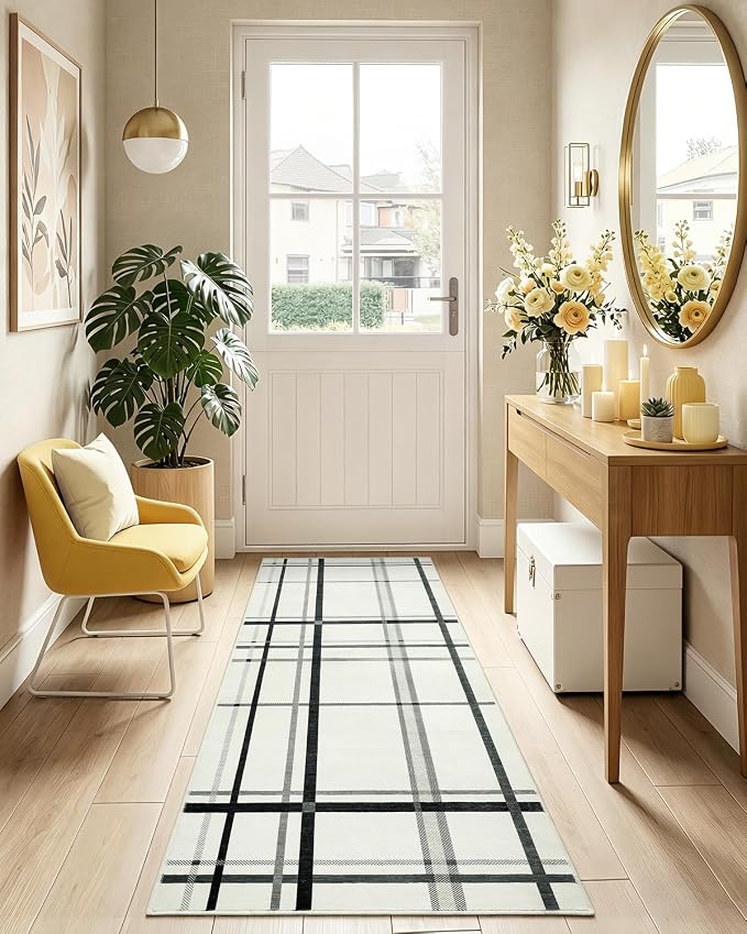 Terrug Plaid Runner Rugs for Kitchen, Beige 2x6 Checkered Area Rug Washable with Non Slip for Bedroom, Soft Low Pile Stain Resistance Carpet for Entryway Hallway