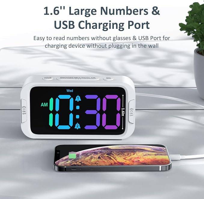 Odokee Digital Dual Alarm Clock for Bedroom with 0-100% Dimmable Display | RGB Electric Alarm Clock for Kids with Weekday/Weekend Mode - Loud Alarm for Heavy Sleepers with 5 Sounds Adjustable Volume