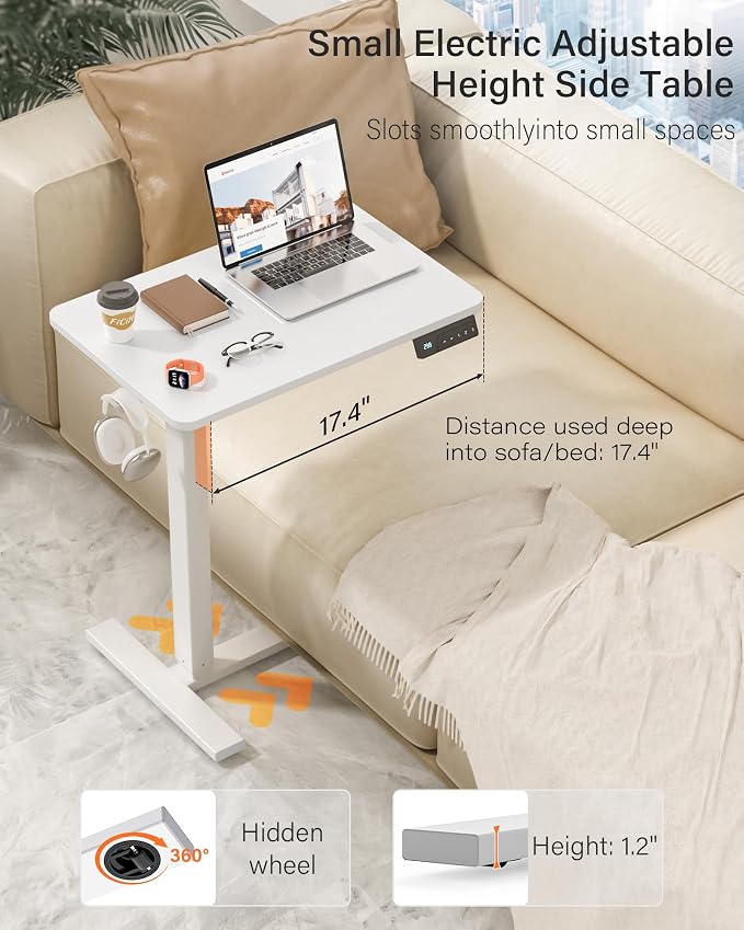 FiCiHi Small Electric Standing Desk - Adjustable Height Bedside Laptop Table with Wheels, Mobile, Portable Rolling Computer Workstation Sit Stand Table for Home Office, Sofa, Couch Use (24x16, White)