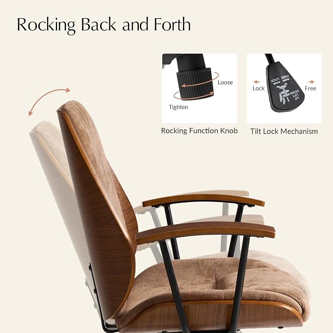 HULALA HOME Solid Wood Office Chair with Tilt Function & Metal Base, Camel | Mid Century Modern Desk Chair with Bent Wood Frame, 360° Swivel Fabric Computer Task Chair, Height Adjustable
