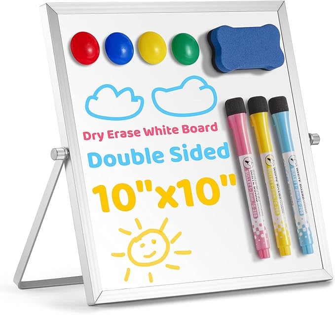 Small Dry Erase Board, 10" X 10" Small Whiteboard with Stand, Portable Magnetic Tabletop Erase Board for Kids Drawing, Desktop for Students Kids Home Office