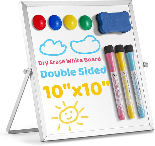Small Dry Erase Board, 10" X 10" Small Whiteboard with Stand, Portable Magnetic Tabletop Erase Board for Kids Drawing, Desktop for Students Kids Home Office