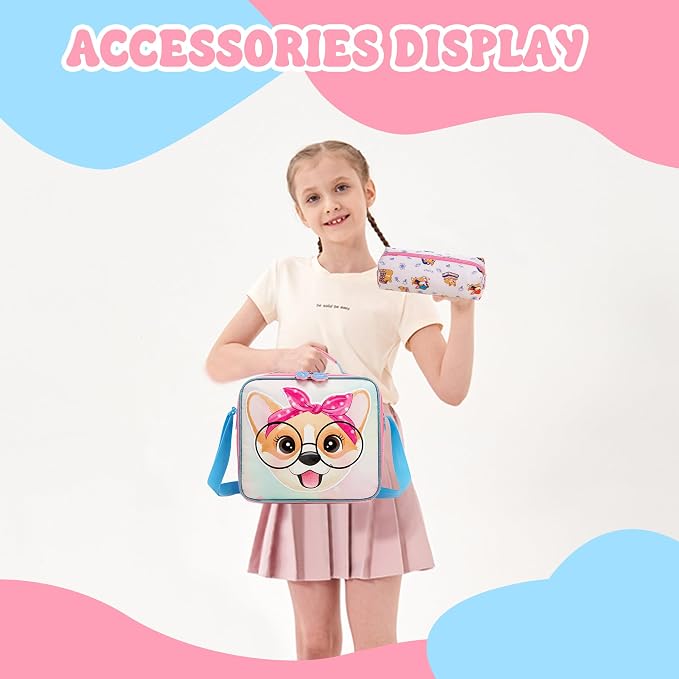 Meetbelify 3 in 1 Backpack for Girls Backpack for Elementary Student Cute Kids Travel Bookbag with Lunch Box Pencil Case for Girls Ages 6-8