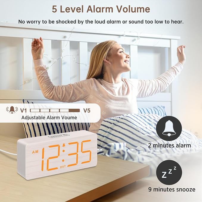 DreamSky Wooden Digital Alarm Clock for Bedroom with Large Numbers | Loud Alarm Clock for Heavy Sleepers with Volume Control, Desk Clocks for Living Room, Dimmer, DST, Wood Decor (Plug in Clock)