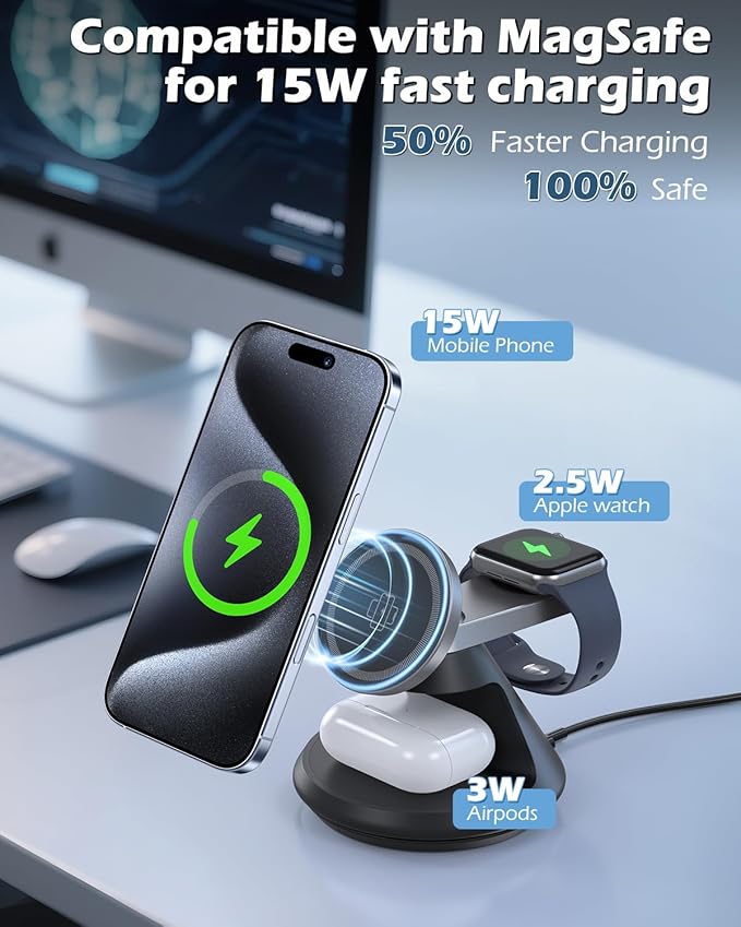 3 in 1 Charging Station for Apple MagSafe Charger Compat, 15W Magnetic Wireless Charger Stand, 360° Rotating Dock, Wireless Charging Station for iPhone 17 16 15 14 13 12 Series for iWatch for AirPods