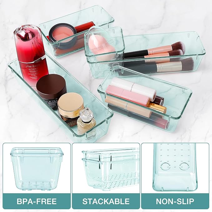 23 PCS Drawer Organizer Set, 5 Size Bathroom and kitchen organizer Trays | Bathroom and kitchen Drawer cabinet organizer Trays, Clear Storage Bins for Makeup, Jewelry, Utensils and Gadgets