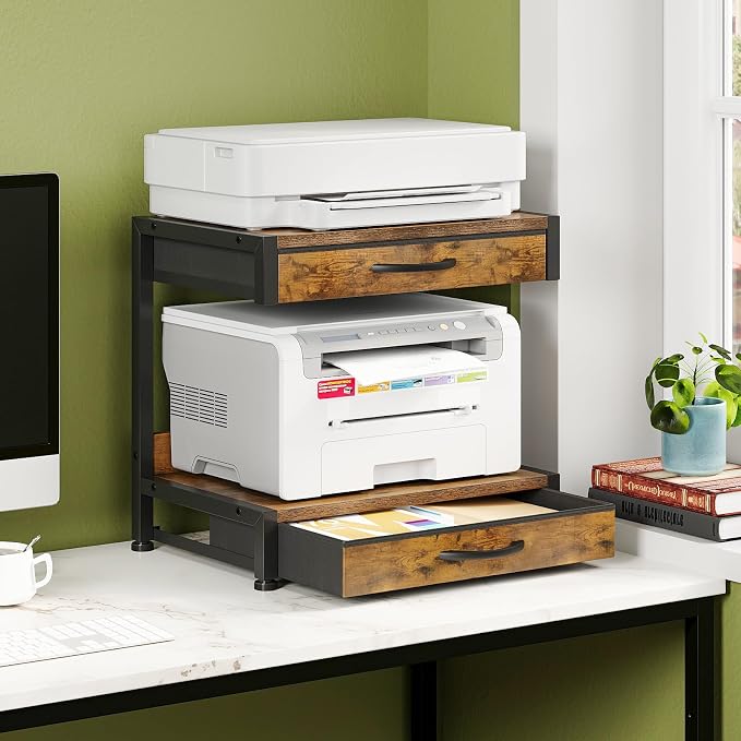 VENNQD 2-Tier Desktop Printer Stand with 2 Fabric Drawers, Prtiner Table with Storage Shelf, Desk Organizer for Home Office,3D Printer,Fax Machine,Scanner (Brown, 2 Tier)