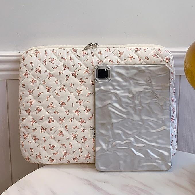 Cute Laptop Sleeve 13-15 inch Laptop Case Aesthetic Quilted Laptop Sleeve Computer Bag with Flower Printing for MacBook (Pink, 13inch)