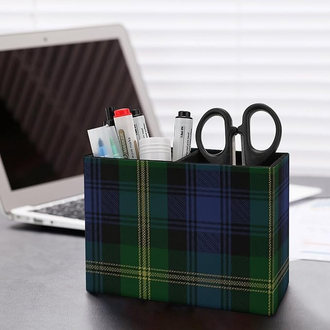 Tartan PU Leather Pen Holder Desk Organizer, 2-Compartment Pencil Container for Office, Home, Vanity Use