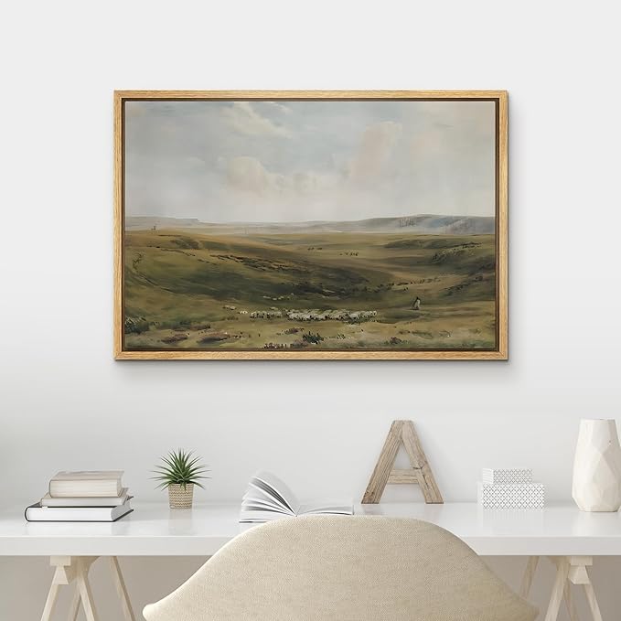 MUDECOR Framed Canvas Print Wall Art Tranquil Pastures Landscape Vintage Classic Illustrations Fine Art Decorative Zen Multicolor Country/Farmhouse Retro for Bedroom - 24"x36" Natural