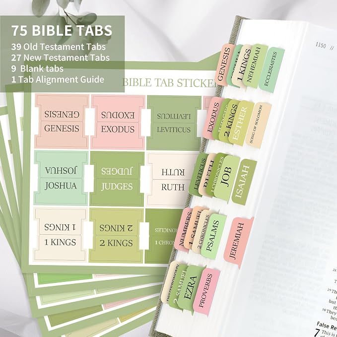 Bible Tabs for Women & Men, Bible Tab for Study Bible, Large Print Bible Tabs for Easy Navigation, Bible Index Tab, 66 Tabs Old & New Testament, Extra 9 Blank Tabs - Waterlily Garden