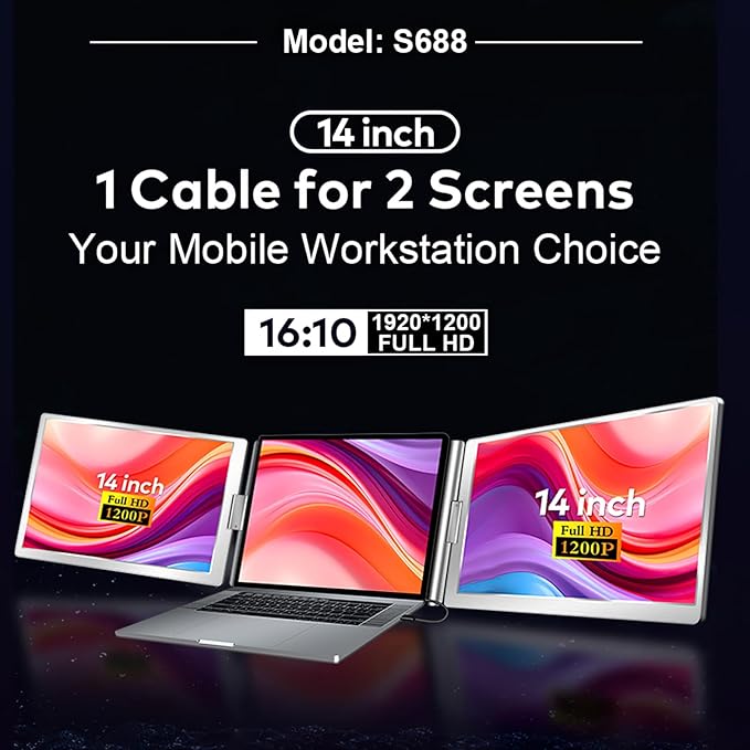WGK Triple Portable Monitor, FHD 1200P IPS Laptop Monitor Extender Full Function Type-C/HDMI Ports, Foldable Dual Screen Extender for 13.3’’-17.3" Compatible with Windows, Mac