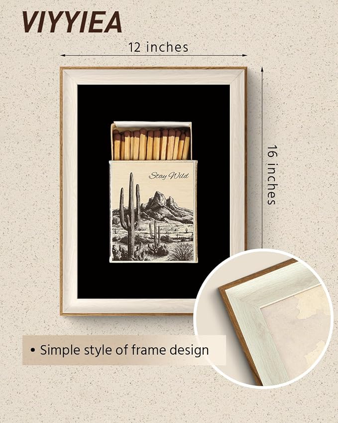 VIYYIEA Vintage Framed Wall Art for Living Room, Modern Matchbox Cactus Desert Canvas Painting, Southwestern Bohemian Print, Wall Decor for Bedroom Bathroom, 16L x 12W