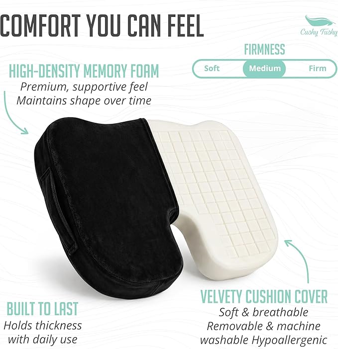 Cushy Tushy Premium Seat Cushion with Moveable Holes, Customizable Foam – Relief for Lower Back, Sciatic, & Tailbone Pain – Perfect for Driving, Home & Office – Black Fabric Cover
