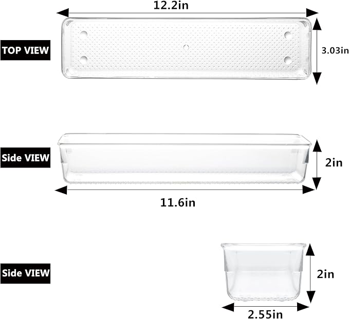 6 Set Clear Plastic Junk Drawer Organizer Vanity Curlery Utensil Makeups Organizer for Kitchen 12'' X 3''