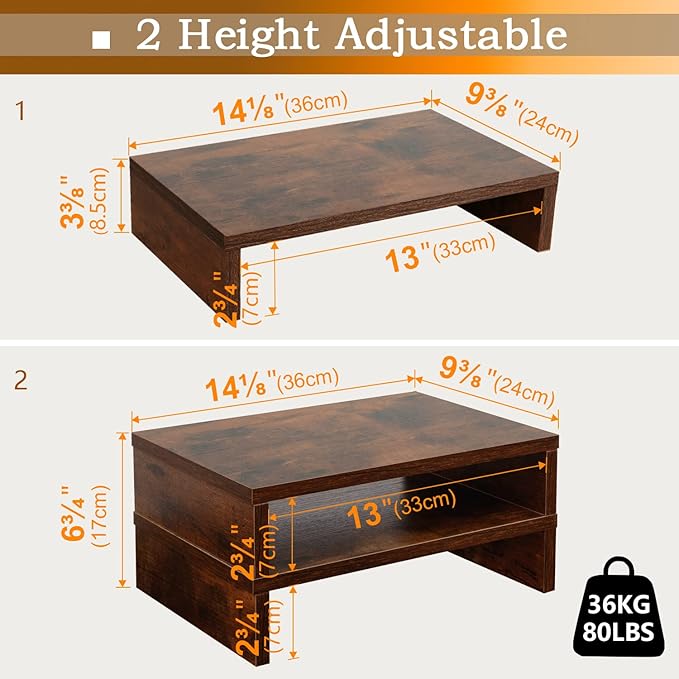 TEAMIX 2-Pack Wood Monitor Riser, Desk Stand for 2 Monitors, Rustic Brown | Holds 80Lbs, Stacked/Separate Use, 2 Tier Adjustable, Use as Laptop/TV Riser, Computer Stand for Home Office Desk, Gaming