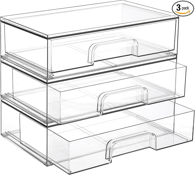Vtopmart 12.1''W Clear Stackable Storage Drawers,3 Pack Acrylic Plastic Organizers Bins for Makeup Palettes, Cosmetics, and Beauty Supplies,Ideal for Vanity, Bathroom,Cabinet,Desk Organization | Clear Pull-Out Plastic Drawers, Stackable Design for Make...