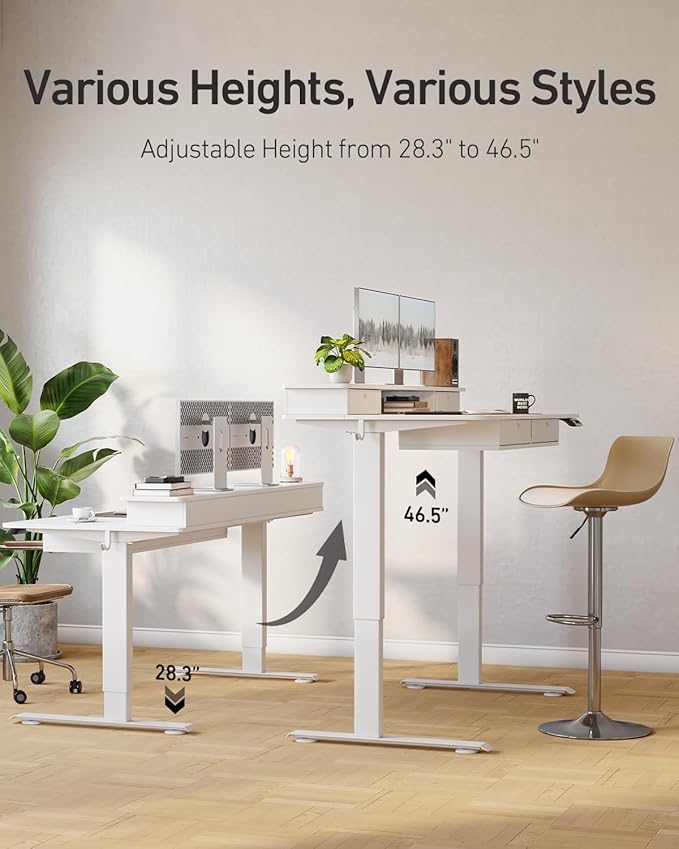CubiCubi 48" x 24" Standing Desk with Drawers, Height Adjustable Electric Workstation, Computer Sit Stand Up Table with Large Storage Shelf 4 Drawers and 2 Hooks, White