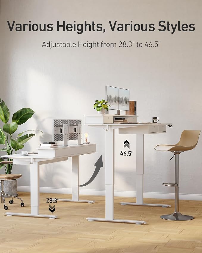 CubiCubi 48" x 24" Standing Desk with Drawers, Electric Height Adjustable Workstation, Computer Sit Stand Up Office Table with Large Storage Shelf, 4 Drawers and 2 Hooks, Warm White