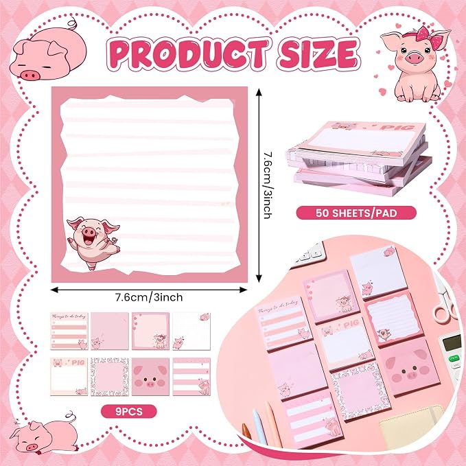 9 Pads Cute Sticky Notes Cartoon Self Stick Notepads 3x3 Inches Notes Adhesive Memo Pad Office Decor Gifts for Students School Teacher Office Meeting(Piggy)