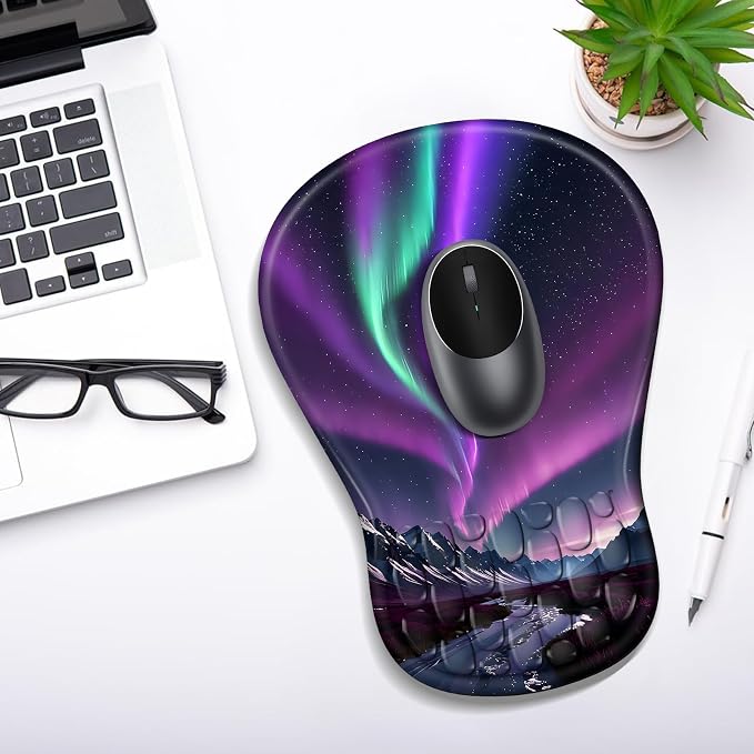 YIWEI Ergonomic Mouse Pad with Wrist Support - Gel Memory Foam Mouse Mat for Computer Keyboard & Laptop - Non-Slip Base, Pain Relief for Home Office & Gaming - Aurora/Northern Lights