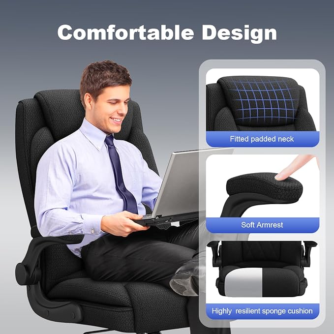 ralex-chair Big and Tall Fabric Office Chair 500lbs with Flip Up Arms | High Back Office Desk Chair with 120° Tilt Rock,Computer Desk Chair with Adjustable Height- Black