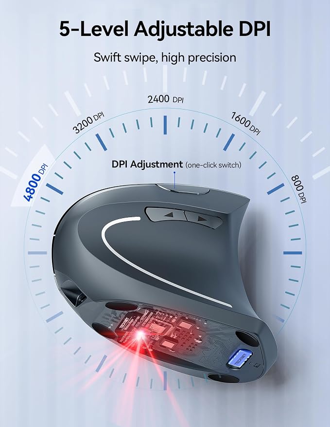 TECKNET Ergonomic Mouse, Rechargeable Vertical Ergo Mouse Wireless 800-4800 Levels 5 Adjustable DPI, Silent 2.4GHz Optical Carpal Tunnel Mouse for Right Hand, USB Wireless Mice for Laptop, PC