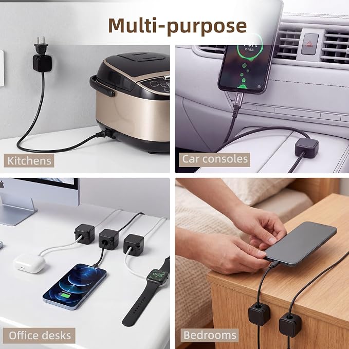 6 Pack Magnetic Cable Clips, Under Desk Cable Management for Office | Adhesive Cord Holder for Phone Wall Desktop, Home Nightstand Desk Accessories (Black)