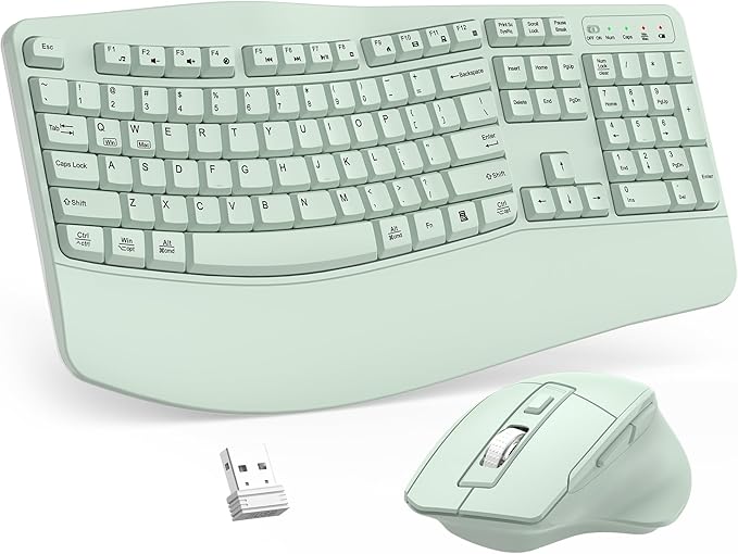Wireless Keyboard and Mouse Combo, 2.4G Full Size Wave Keys Ergonomic Keyboard with Wrist Rest and 3-Level DPI Adjustable Wireless Ergonomic Mouse for Windows, Mac OS Desktop/Laptop/PC(Avocado Green)