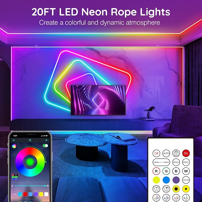 AILBTON 20Ft Neon Rope Lights,Flexible Led Rope Lights Control with App/Remote,Multiple Modes Music Sync Gaming RGB Led Neon Lights for Bedroom Outdoor