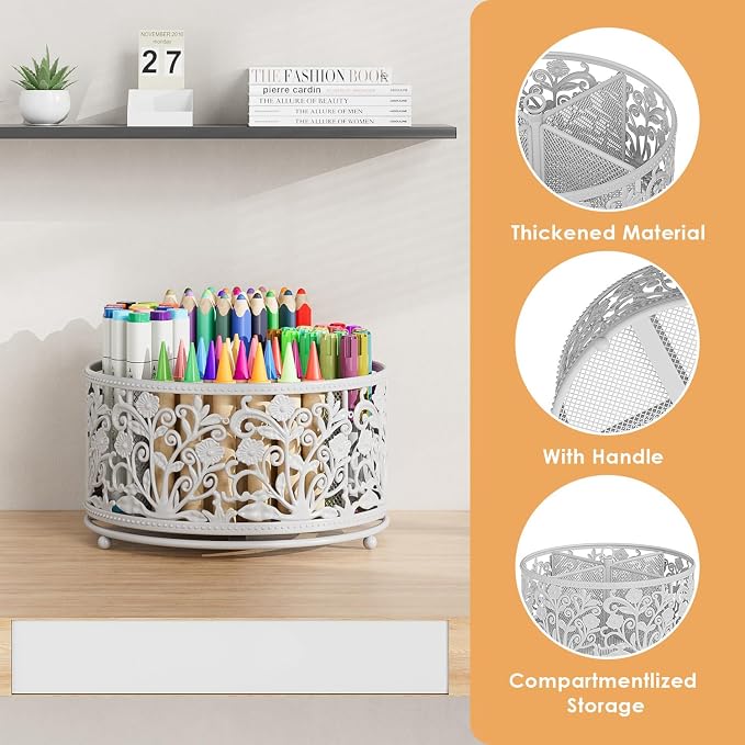 EKNITEY Rotating Mesh Desk Organizer - 4 Slots Cute Pen Pencil Holder Caddy | Sturdy Metal, 360°Rotation Smooth, 4 Compartments, Non-Slip Base, Cute Floral Design, for Office Home Classroom School, White