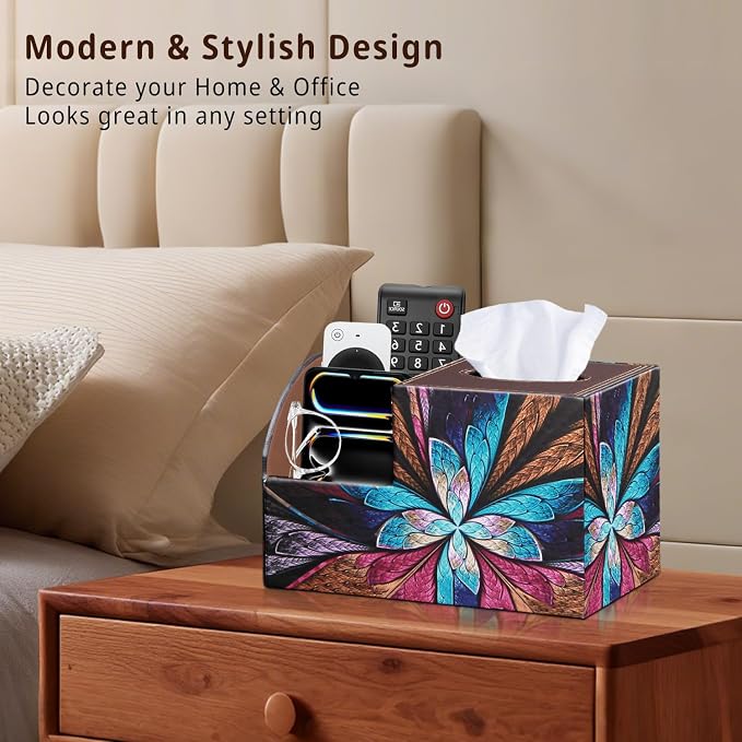 PU Leather Square Tissue Box Cover - Multi-Functional Tissue Box Holder | Tissue Box Cover with Storage,Tissue and Remote Control Holder,Cube Tissue Box Organizer Bedroom Nightstand End Table