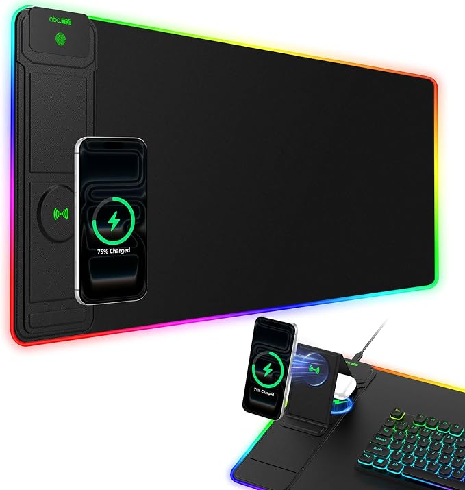 RGB Gaming Mouse Pad with Magnetic Wireless Charging & Foldable Phone Stand | 31.5"x11.8" XL Extended Mousepad with Stitched Edges, Ultra-Smooth Waterproof Surface, 25 Lighting Effects, Non-Slip Base