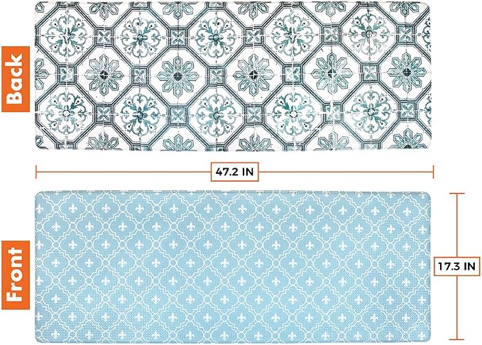 OPUX Anti Fatigue Kitchen Floor Mat, Reversible Cushioned Memory Foam Kitchen Rug Pad, Waterproof Non-Slip Padded Comfort Standing Mat Office Laundry Home, 47x17 (Floral Tile Blue)